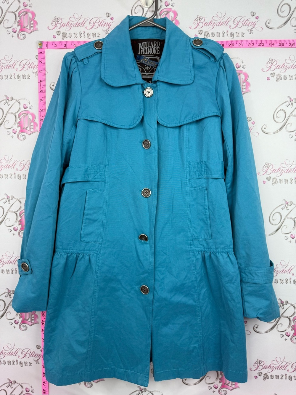 Millard Fillmore Women's Teal Button-Front Trench Coat belted